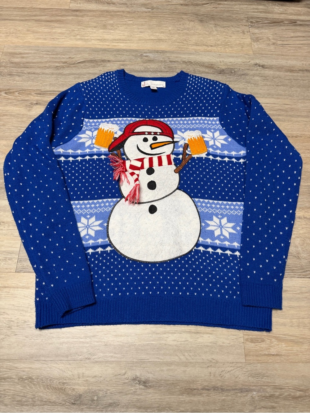 Mens Large Ugly Xmas Sweater Snowman Holding a beer in Each Hand Wearing